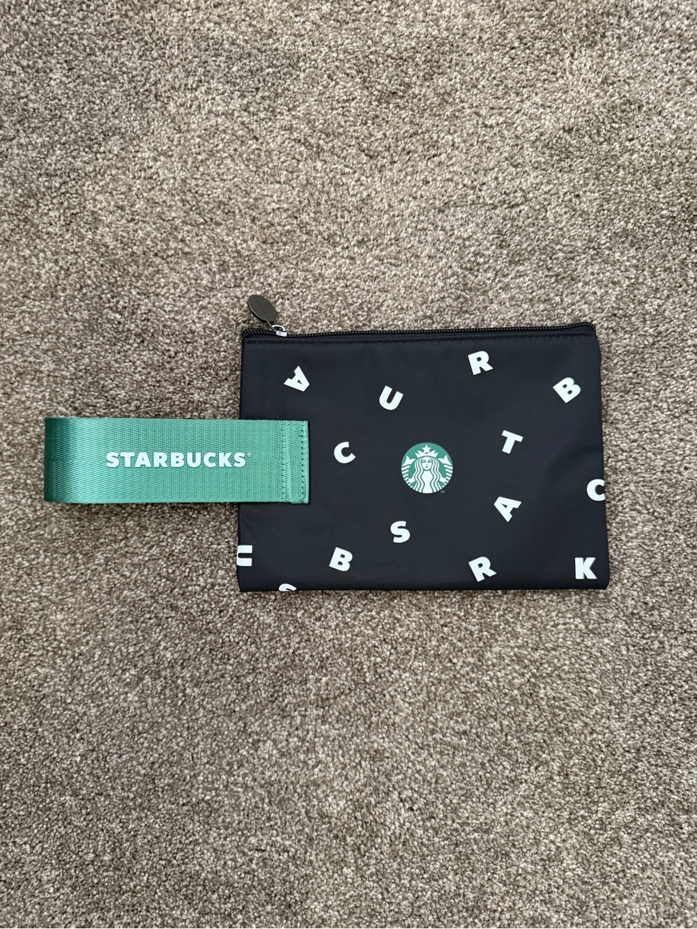 Starbucks Black Pouch with Green Logo Strap and White Lettering
